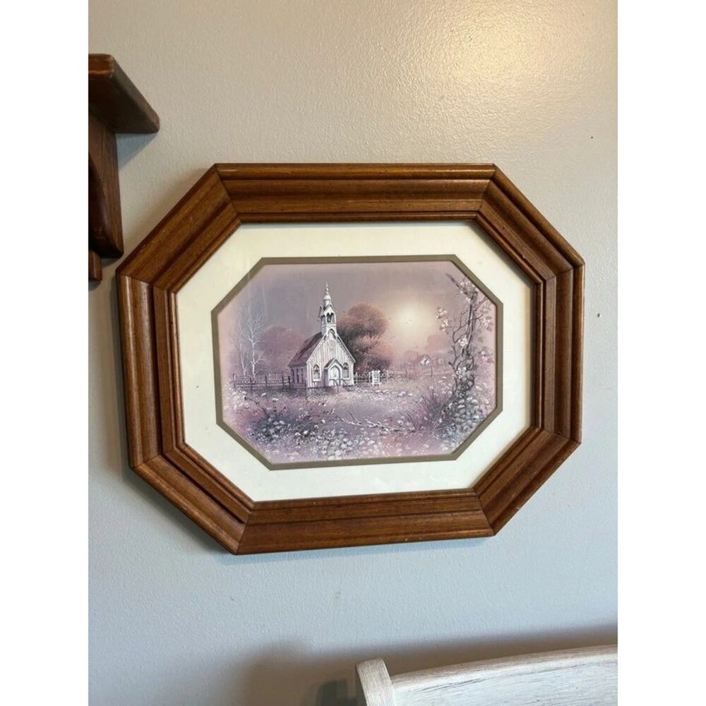 Vintage Homco Country Church Octagon Wood frame wall art